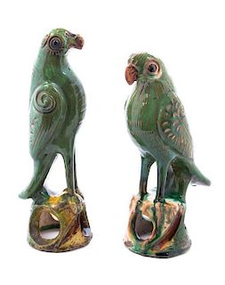 Two Chinese Ceramic Models of Parakeets, Height of taller 9 3/4 inches.