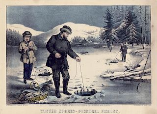 Winter Sports - Pickerel Fishing - Original Small Folio Currier & Ives Lithograph.