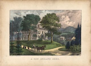 A New England Home - Original Currier & Ives Lithograph.
