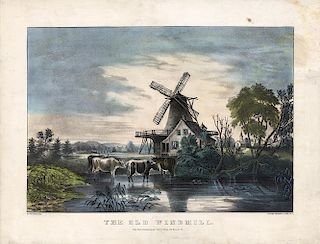 The Old Windmill - Original Currier & Ives Lithograph.