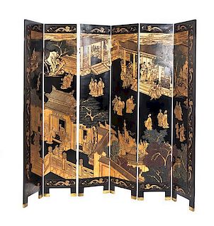 A Chinese Six-Panel Floor Screen, Height of each panel 84 x width 15 3/4 inches.