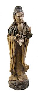 A Chinese Carved Wood Figure of Guanyin, Height 24 3/4 inches.