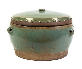 A Chinese Celadon Glazed Covered Vessel, Width 15 inches.