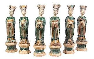 Six Tang Style Pottery Figures, Height of first 16 1/2 inches.