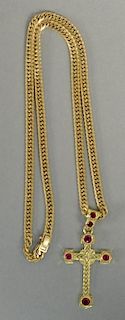 18K gold chain and cross set with six natural ruby corundum, two approximately 1ct, three approximately 1/2ct., appraisal ava