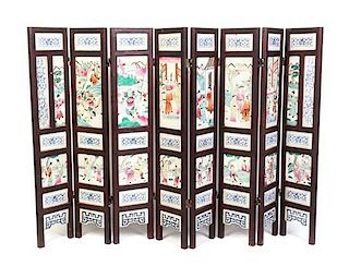 A Chinese Eight-Panel Porcelain Inset Table Screen, Height of each panel 31 x width 6 1/2 inches.