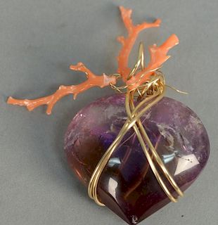 Gold Amethyst and coral large pendant by Kazuk, amethyst heart shaped pendant wrapped with gold wire and three pieces coral, 