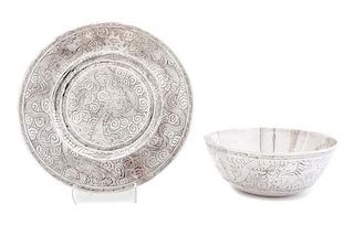 A Chinese Metal Center Bowl and Tray, Diameter of bowl 12 inches.