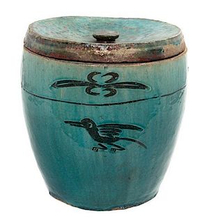A Turquoise Glazed Ceramic Jar, Height 12 inches.
