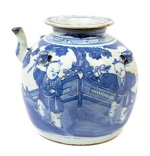 A Chinese Blue and White Teapot, Width overall 11 1/2 inches.