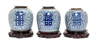 An Assembled Set of Three Double Happiness Ginger Jars, Height of tallest 8 1/2 inches.