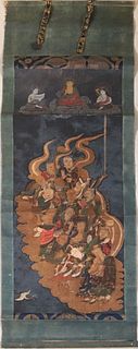 Japanese Scroll of Buddha and the Sixteen Arhats