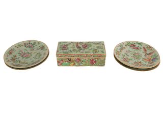 Four Chinese Celadon Famille Rose Plates