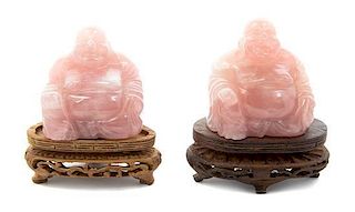 A Pair of Chinese Carved Rose Quartz Figures, Width 3 inches.