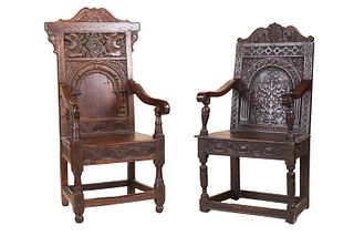 Two Baroque Carved Oak Armchairs