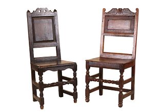 Two Jacobean Oak Plank Seat Side Chairs