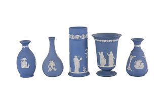 Five Wedgwood Blue Jasperware Vases