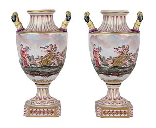 Capodimonte Style Painted Porcelain Handled Urns