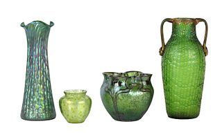Four Green Art Glass Vases