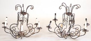Pair of Iron and Glass Decorated Chandeliers
