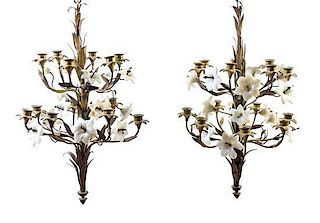 A Pair of Victorian Brass and Milk Glass Twelve-Light Chandeliers, Height 25 1/2 inches.