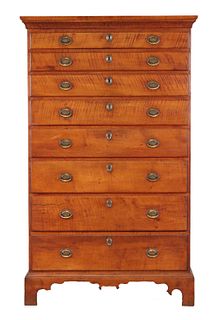 Chippendale Tiger Maple Tall Chest of Drawers