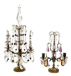 A Pair of Victorian Brass and Glass Three-Light Girandoles, Height of first 11 1/2 inches.