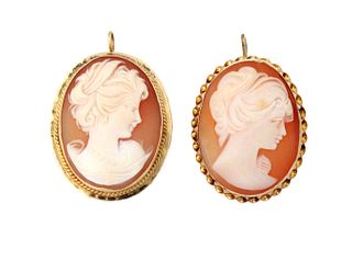 Two 14K Yellow Gold Framed Carved Cameo Pendants