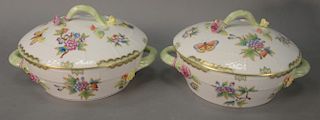 Pair Herend Queen Victoria round covered vegetable dishes. dia. with handles 11in.