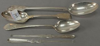 Five piece lot to include two silver marrow picks, and three large silver spoons, two English and one marked N. Dodge. 
picks