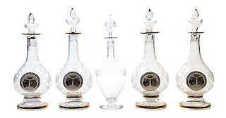A Set of Enameled and Etched Glass Decanters, Height 12 1/2 inches.