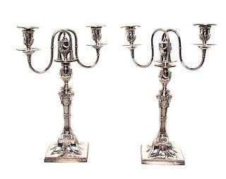 A Pair of English Silver-Plate Two-Light Candelabra, Height 15 3/4 inches.