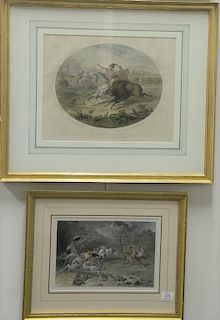 Four American Indian colored lithographs  set of three lithographs after F.O.C. Darley "The Encounter" and "Lassoing Wild Hor