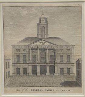 Rare copper engravings  View of the Federal Edifice in New York  From Columbian Magazine Philadelphia 1789  one is in the Lib