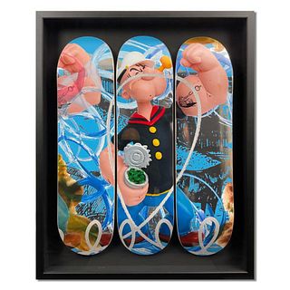 Jeff Koons, "Popeye Skateboard" Framed Limited Edition Skateboard Triptych, Numbered and Plate Signed with Certificate of Authenticity.