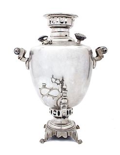 A Silvered Metal Samovar, Height of first 15 1/4 inches.