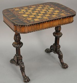 George IV parquetry inlaid faux specimen wood and rosewood games table with inset leather