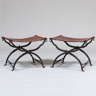 Pair of Wrought Iron and Leather Foldable Curule Stools