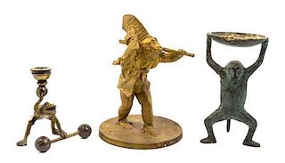 A Collection of Three Cast Metal Figural Articles, Height of tallest 8 inches.