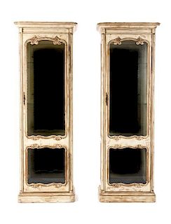 A Pair of French Provincial Style Painted Vitrines, Height 79 x width 28 x depth 17 inches.