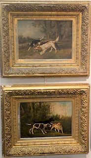 Percival Leonard Rosseau (1859-1937) 
pair of oil on board paintings 
Settler's Ready for the Hunt 
and 
Dogs at Play 
signed