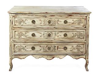 A French Provincial Style Painted Chest of Drawers, Height 34 x width 47 x depth 23 1/4 inches.