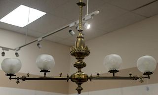 Victorian brass hanging light with four etched frosted globe style shade originally gas fixture.  ht. 62in., lg. 54in.