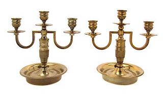 A Pair of Empire Style Gilt Metal Three-Light Candelabra, Height 8 3/4 inches.