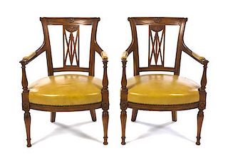 A Pair of Neoclassical Style Fruitwood Open Armchairs, Height 32 inches.