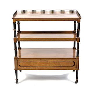 A Neoclassical Style Parcel Ebonized Bar Cart, Height 29 1/4 x width 27 x depth 15 1/2 inches.