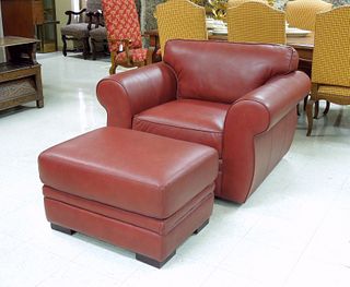 Chateau D'Ax Red Leather Armchair & Ottoman.