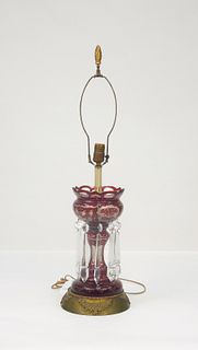 Cranberry Glass and Drop Crystal Table Lamp.
