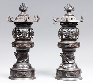 Pair Antique Japanese Bronze Lantern Table Lamps