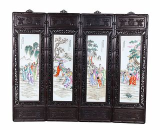 Group of Four Large Framed Chinese Enamel Porcelain Plaques